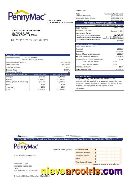 USA California Pennymac Loan Services mortgage statement